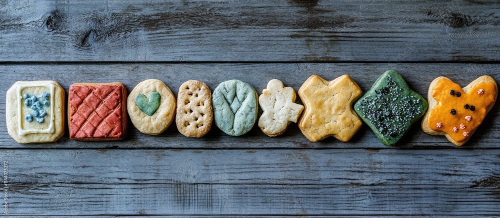 Aufkleber Assorted cookies in various shapes and vibrant colors displayed on a rustic gray wooden surface from a high angle perspective
