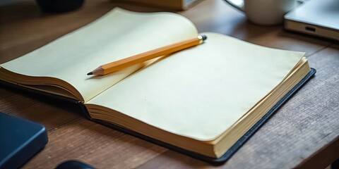 Open notebook with pencil on wooden surface, ready for writing and ideas