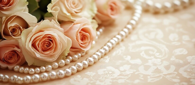 Elegant holiday card design with pearls and soft pink roses on a textured paper background for invitations or congratulatory messages.