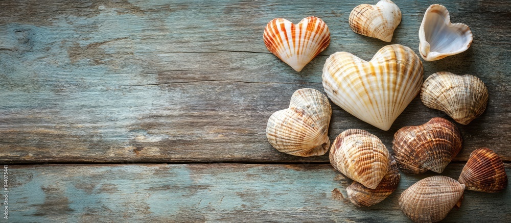 Aufkleber heart shaped sea shells arranged on weathered wooden background creating a rustic coastal decor aest