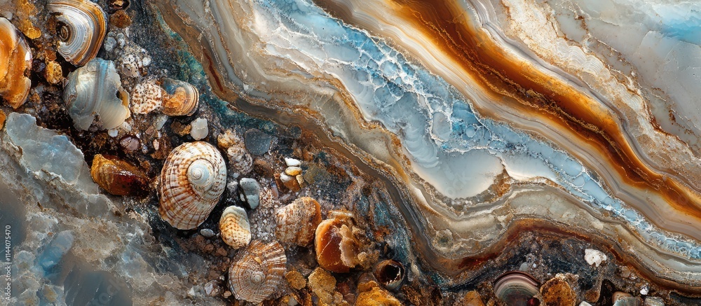Poster Close up of colorful beach shells on a modern textured background showcasing their intricate patterns and natural beauty
