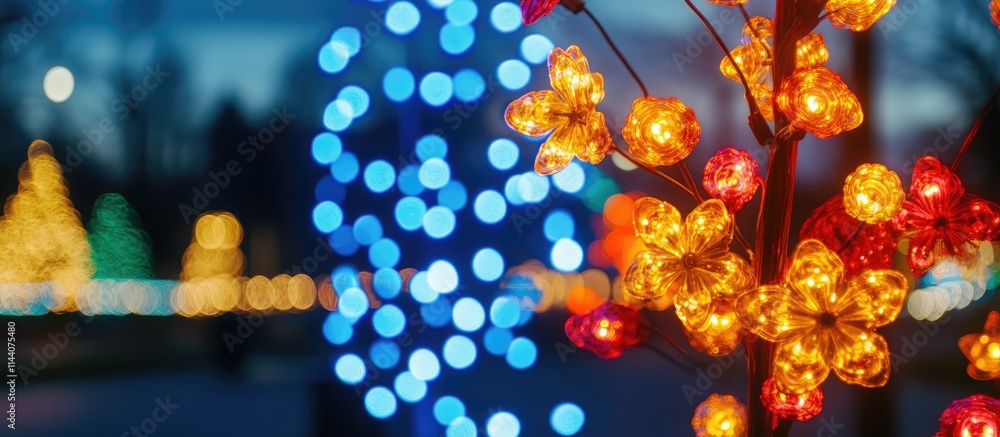 Poster Illuminated bokeh background with festive lights creating a sparkling holiday atmosphere in vibrant colors and shapes