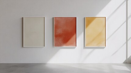 A serene gallery featuring three minimalistic art pieces in warm tones.