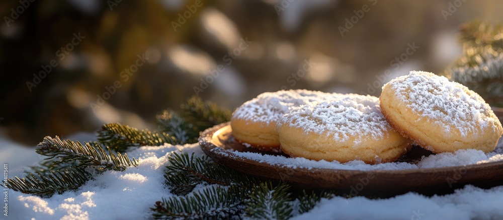 Poster homemade cookies dusted with icing sugar on a wooden plate surrounded by snow and fir branches in a 