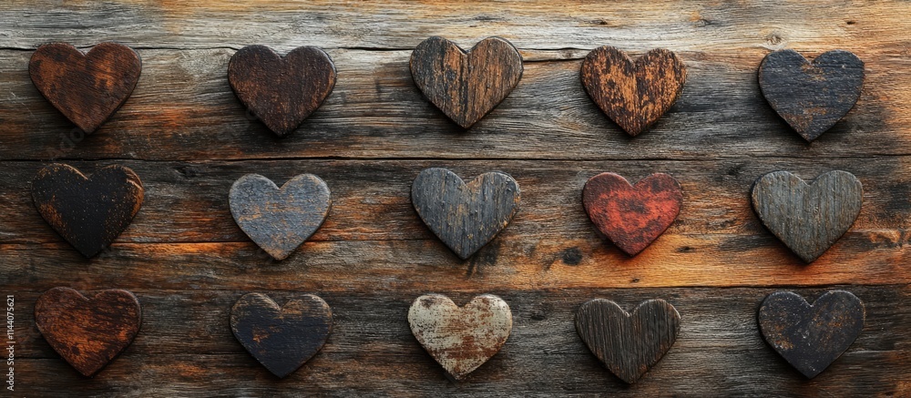 Poster wooden heart shapes arranged on a rustic wooden backdrop showcasing a unique handmade decorative ele