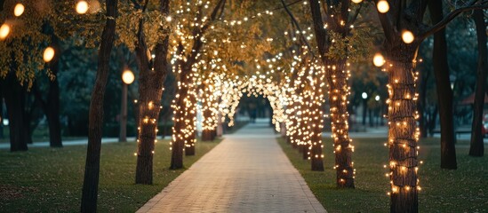 Festive illuminated pathway in a public park showcasing holiday lighting creativity and seasonal charm in a serene outdoor setting.