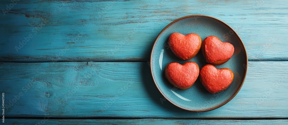 Poster homemade heart-shaped donuts on a ceramic plate against a rustic blue wooden background with ample c