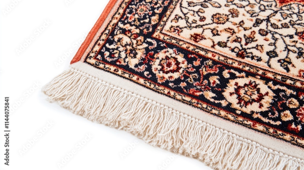 Poster Handcrafted colorful mini carpet with intricate patterns and fringe details on a white background