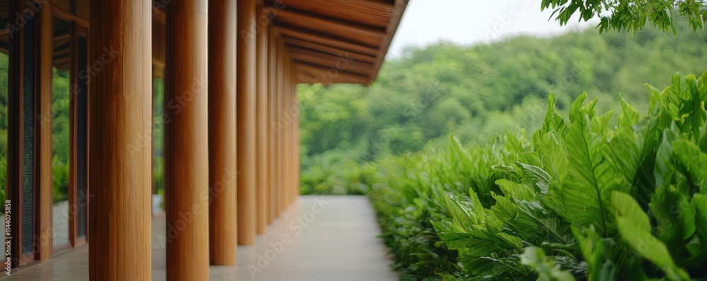 Aufkleber a serene pathway lined with lush greenery, featuring wooden pillars that create a harmonious blend o