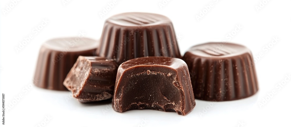 Poster assorted homemade chocolate candies with smooth filling arranged on a white background showcasing th
