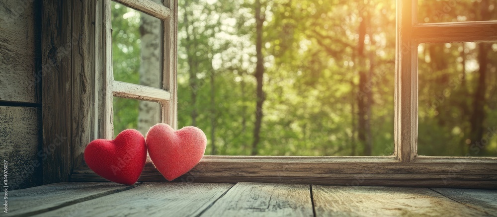 Poster shabby chic home interior with wooden table two red hearts and serene trees visible through the wind