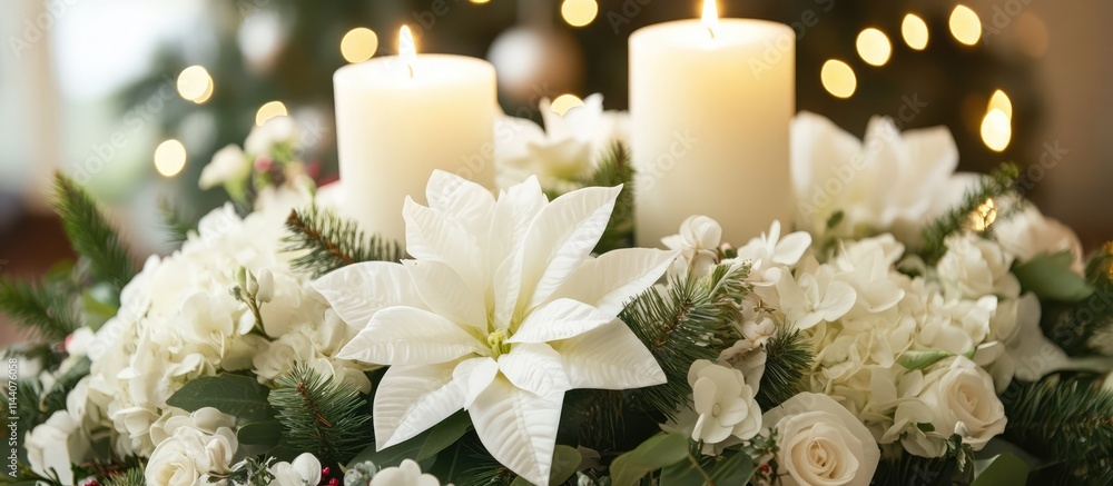 Aufkleber Elegant holiday table centerpiece with white flowers and candles creating a festive atmosphere with soft bokeh lights in the background.