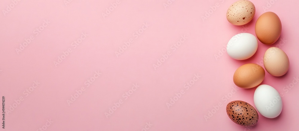 Aufkleber healthy eggs variety including hen and quail eggs arranged on a pink backdrop with ample copy space 