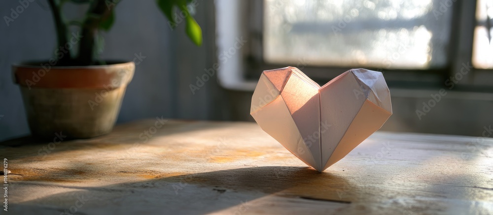 Poster paper origami heart on a wooden table illuminated by soft sunlight creating a warm and romantic atmo