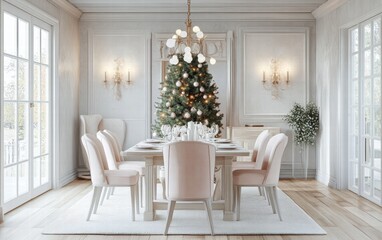 A bright and airy dining room with a glowing tree and soft pastel decor accents