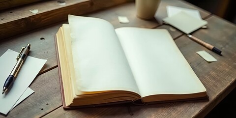 Naklejka premium Open book with blank pages rests on aged wooden surface, accompanied by stationery items and a pen