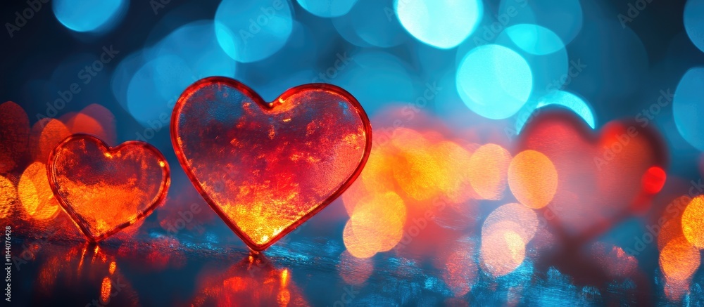 Poster colorful heart shapes with vibrant bokeh background creating a romantic and festive atmosphere perfe