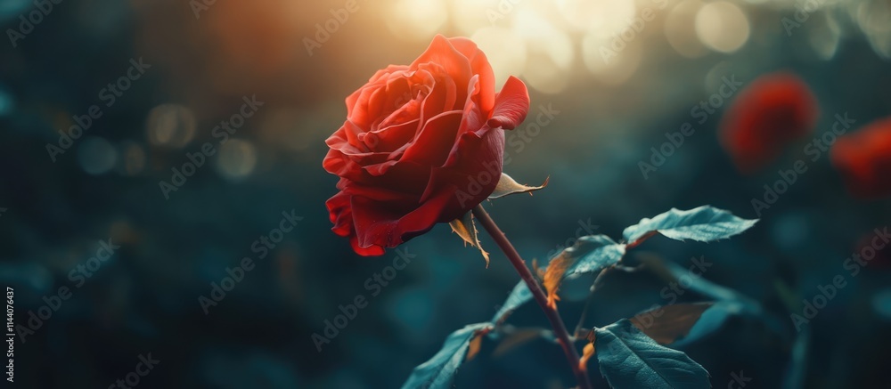 Poster macro shot of a stunning red rose illuminated by soft natural light in a lush garden setting