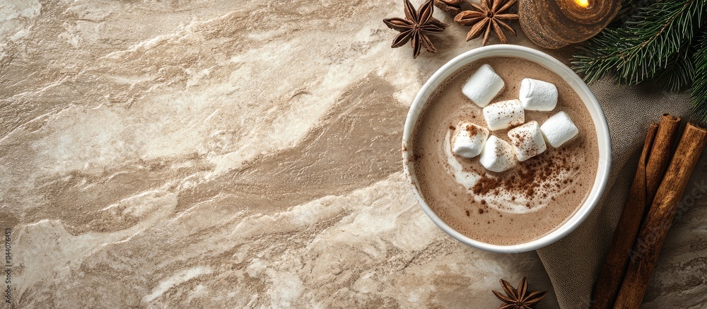 Poster cozy hot chocolate with marshmallows and spices served in a rustic setting on a wooden table with fe