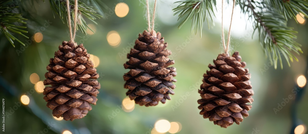 Aufkleber Handmade pine cone tree ornaments created from natural materials with hemp twine on a festive background of tree branches and lights