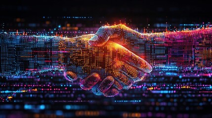Naklejka premium A futuristic depicting a handshake graphic blended with a glowing neon lit data grid representing the digital technology driven nature of modern exchanges and financial transactions