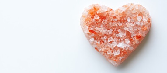 Fototapeta premium Heart shaped pink Himalayan salt on a white background symbolizing love and wellness in a minimalist aesthetic setting