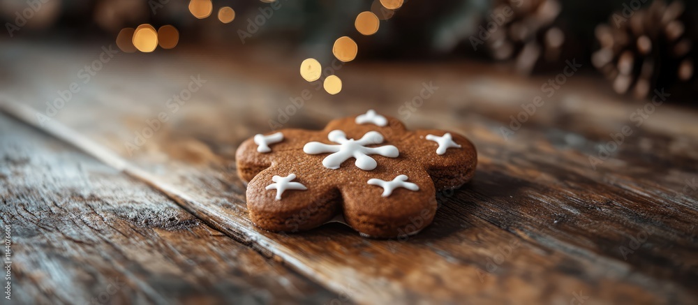 Poster Homemade gingerbread cookie decorated with white icing on rustic wooden table with bokeh lights creating a warm festive atmosphere
