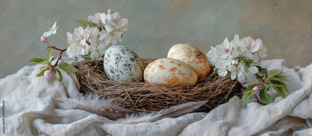 Poster easter eggs nestled in a rustic nest surrounded by delicate spring flowers on a soft cloth still lif