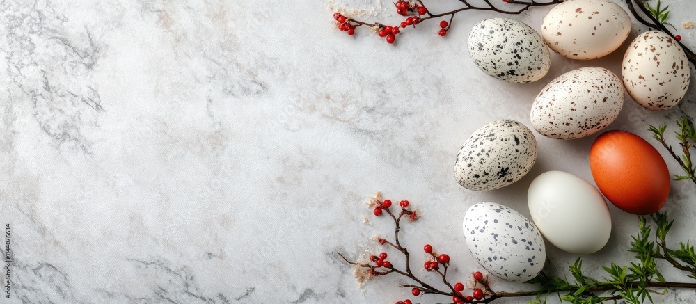 Poster easter holiday preparations with colorful eggs and flowers on a light marble background space for te