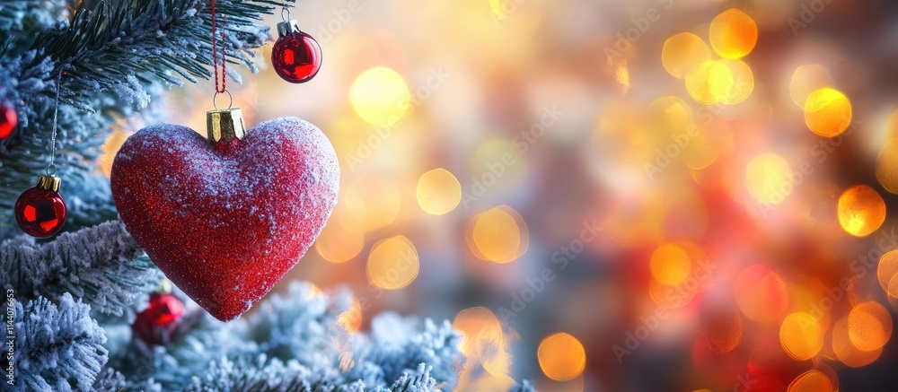 Leinwandbilder red heart-shaped christmas ornament hanging on a snowy pine branch with a colorful bokeh background 