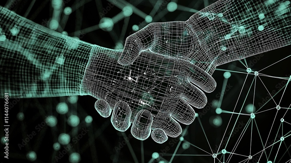 Poster futuristic digital network of nodes and interconnected lines forming abstract trading patterns and f