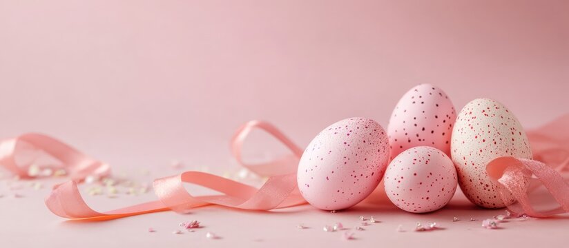 Pink Easter backdrop with decorative eggs and ribbon for celebration themes featuring ample copy space for text and marketing purposes