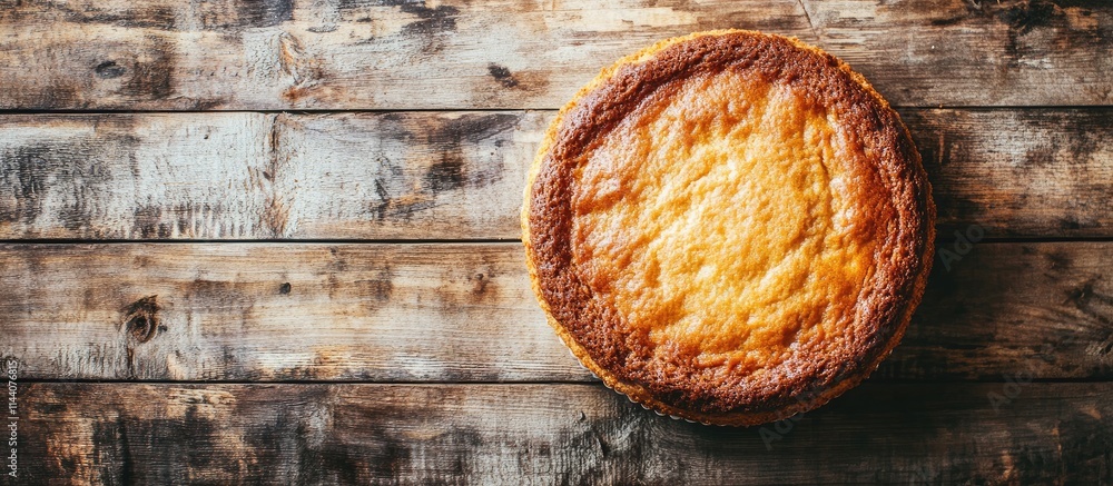 Poster homemade cake on rustic wooden surface overhead view of sweet dessert showcasing texture and golden 