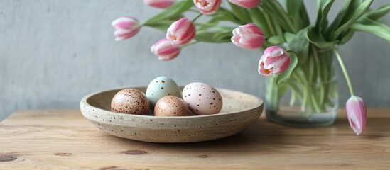 Easter Celebration Stylish Tulip Arrangement with Natural Eggs in a Rustic Bowl on Wooden Table Vibrant Spring Decor Inspiration