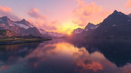 Fototapeta premium A serene sunset view over a mountain lake, with the clear water reflecting the vibrant colors of the sky and the jagged mountain ridges forming a perfect backdrop 