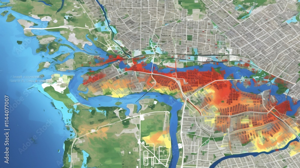 Poster comprehensive gis software showing detailed color coded overlays of flood risk zones for environment