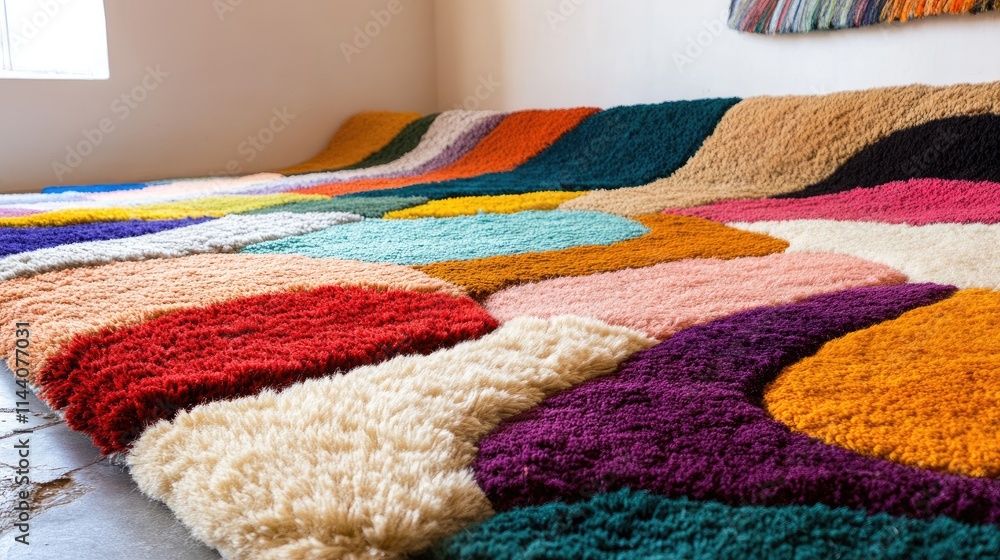 Poster vibrant handmade rugs showcasing intricate patterns and colors in a stylish interior setting