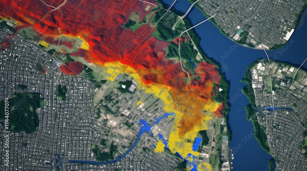 Poster gis software displaying detailed color coded overlays of flood risk zones for geographic analysis ur