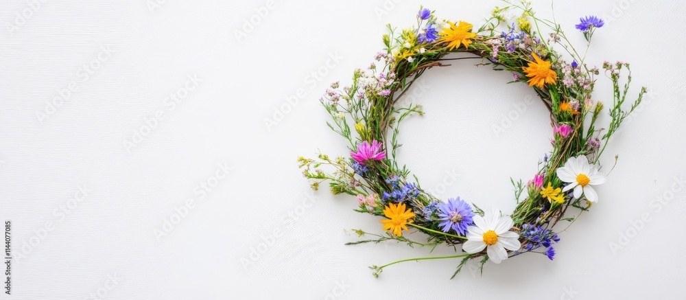 Poster rustic handmade wreath decorated with vibrant wild spring flowers on a clean white background with a