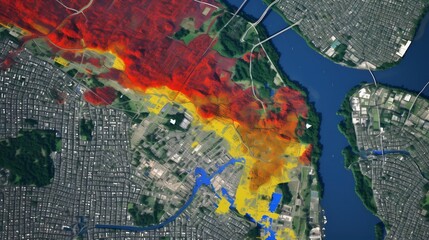 GIS Software Displaying Detailed Color Coded Overlays of Flood Risk Zones for Geographic Analysis Urban Planning and Disaster Management