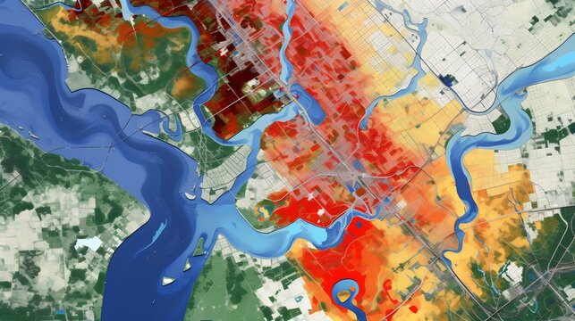 Detailed GIS Software Displaying Flood Risk Zones with Intricate Color Coded Overlays for Comprehensive Risk Analysis and Disaster Preparedness