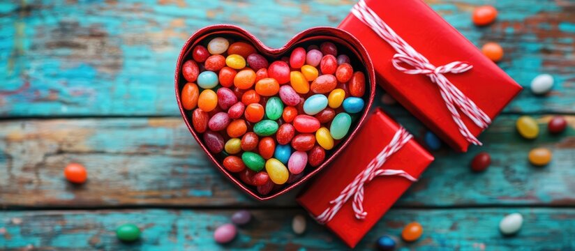 Heart shaped box filled with colorful jelly beans next to a red gift box on a rustic wooden surface
