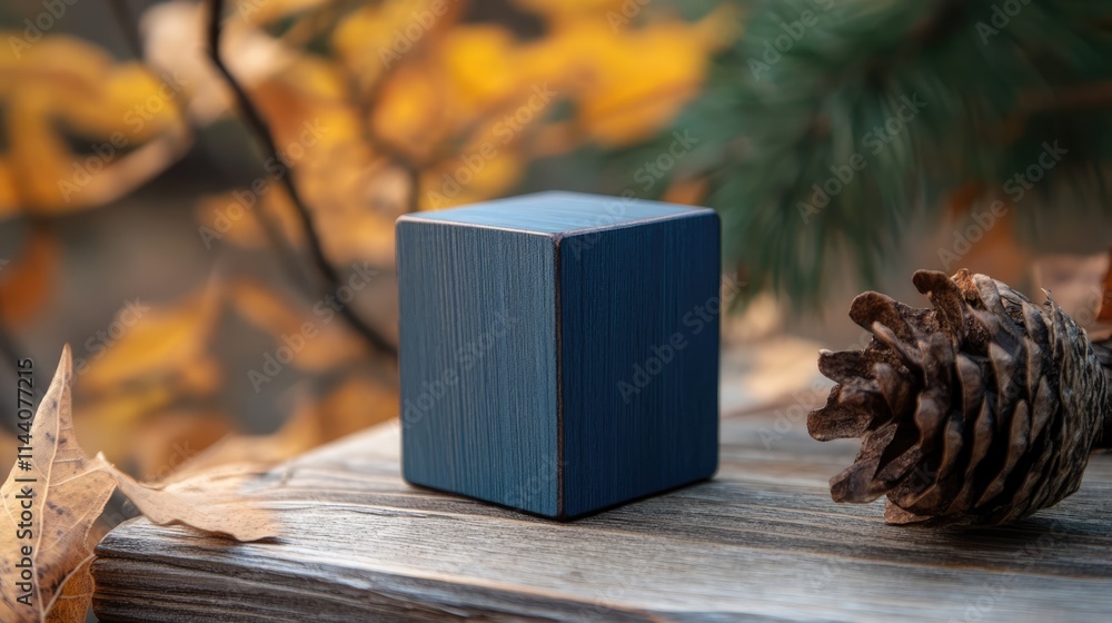 Poster handmade wooden cube calendar in classic blue color set against autumn leaves and pine cone on rusti
