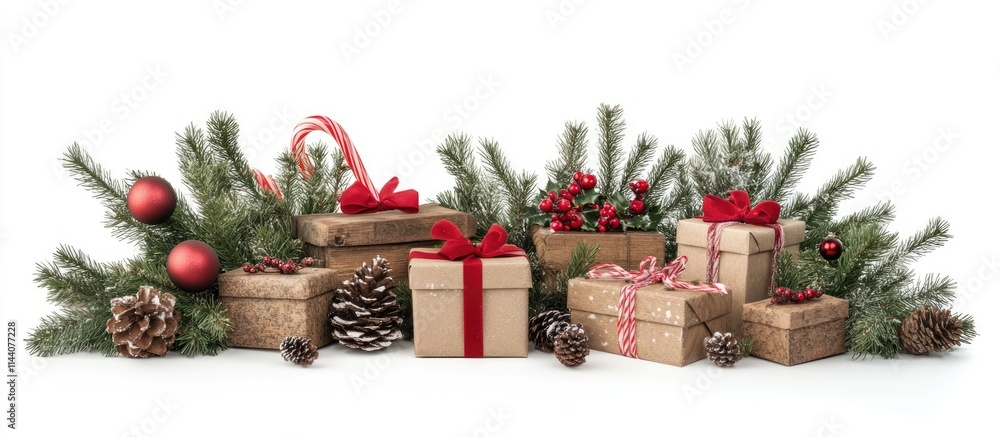Poster handmade rustic gift boxes adorned with festive decorations and greenery on a white background ideal