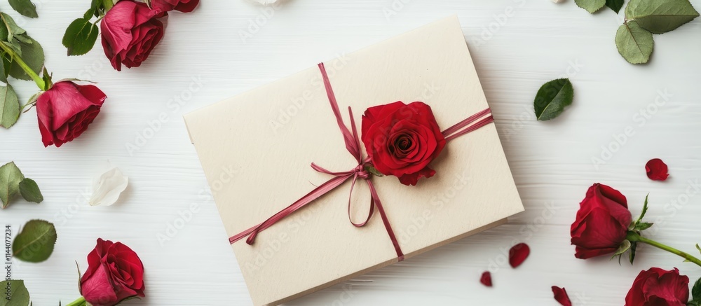 Poster elegant flat lay of a greeting card wrapped with a red rose on a wooden table surrounded by fresh ro