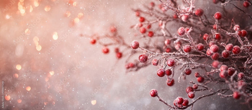 Leinwandbilder festive winter scene with frosted berries and pine branches illuminated by bokeh lights on a texture