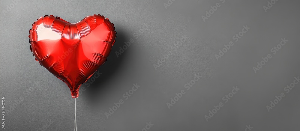 Poster heart shaped red foil balloon on gray background with empty space for text symbolizing love and cele