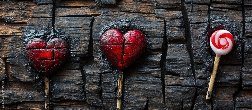 Aufkleber hearts and lollipop displayed on charred wooden boards creating a striking contrast of colors and te
