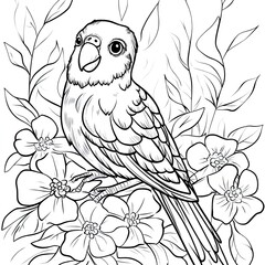 Simple Parrot and Flowers Coloring Page for Kids' Books, Preschool, and Early Learning Activities