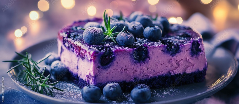 Poster blueberry cake with rosemary topping surrounded by soft bokeh lights in a cozy setting